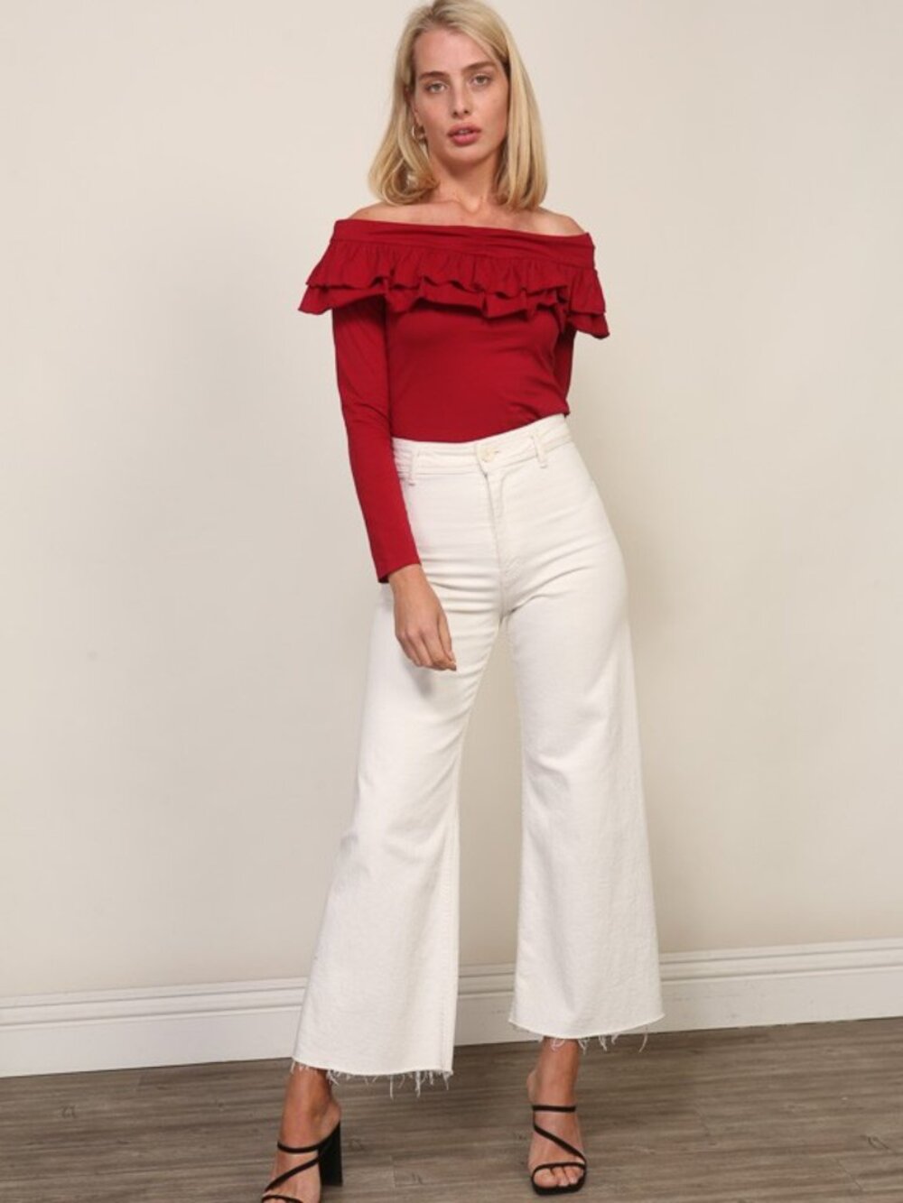 LUMIERE Off-Shoulder Ruffle Top | Cherry Red - Picture 4 of 5